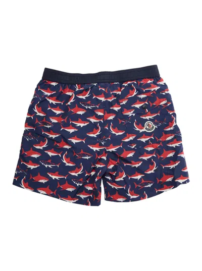 Moncler Multicolor Swimsuit With All-over Shark Print And Logo Patch On The Back In Tech Fabric Boy In Blue
