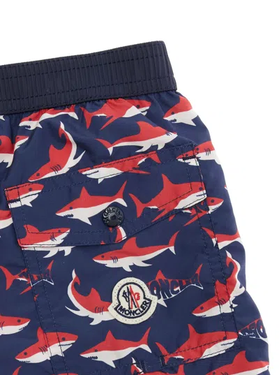 Moncler Multicolor Swimsuit With All-over Shark Print And Logo Patch On The Back In Tech Fabric Boy In Blue
