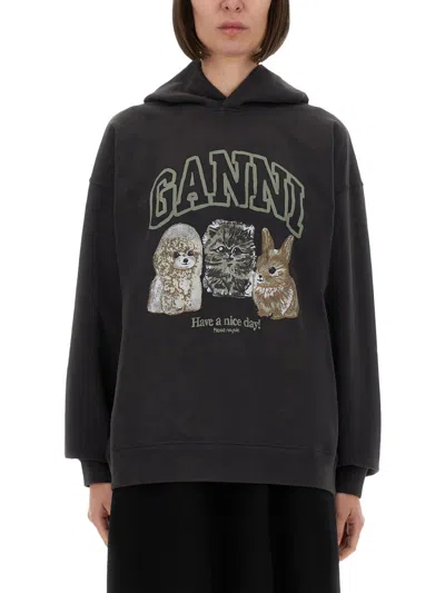 Ganni Oversize Cotton Sweatshirt With Hood And Graphic Print In Black