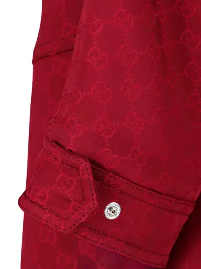 Gucci Monogram High Collar Long Length Jacket In Burgundy