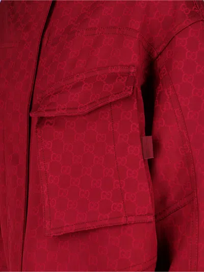 Gucci Monogram High Collar Long Length Jacket In Burgundy