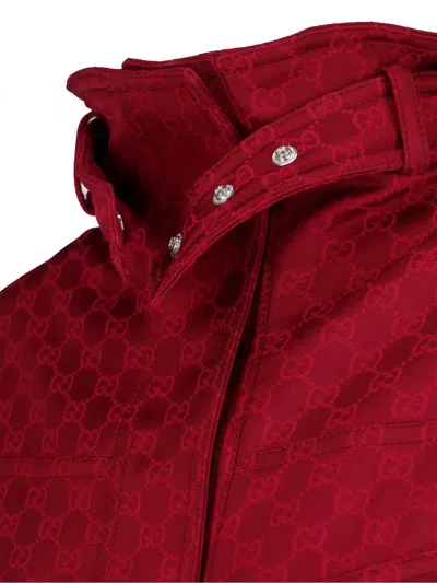 Gucci Monogram High Collar Long Length Jacket In Burgundy