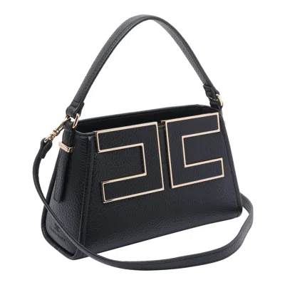 Elisabetta Franchi 'luisa' Black Handbag With Metallic Logo On The Front In Hammered Leather Woman In Black