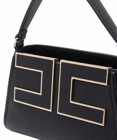 Elisabetta Franchi 'luisa' Black Handbag With Metallic Logo On The Front In Hammered Leather Woman In Black