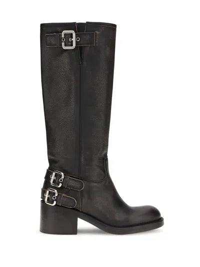 Chloé Dakota Burnished Leather Knee-high Moto Boots In Black