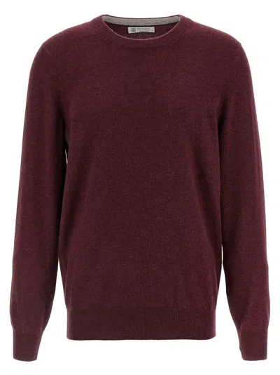 Brunello Cucinelli Ribbed Crewneck Sweater With Soft Texture In Burgundy