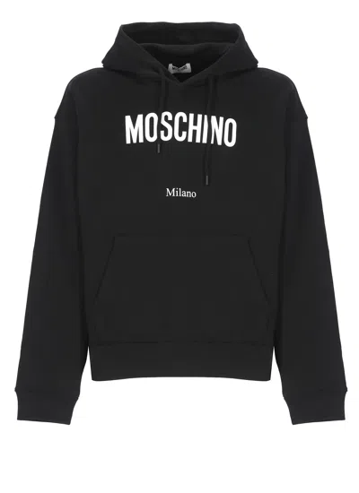 Moschino Cotton Hoodie With Drawstrings And Kangaroo Pocket In Black