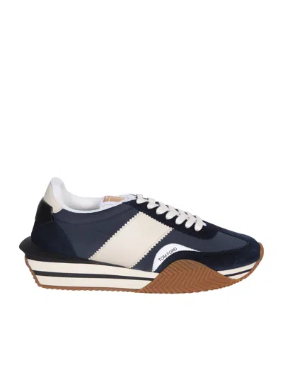 Tom Ford Mens Blue James Logo-print Leather And Suede Low-top Trainers