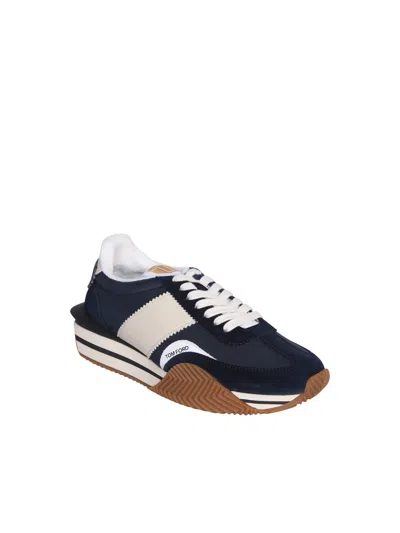 Tom Ford Mens Blue James Logo-print Leather And Suede Low-top Trainers