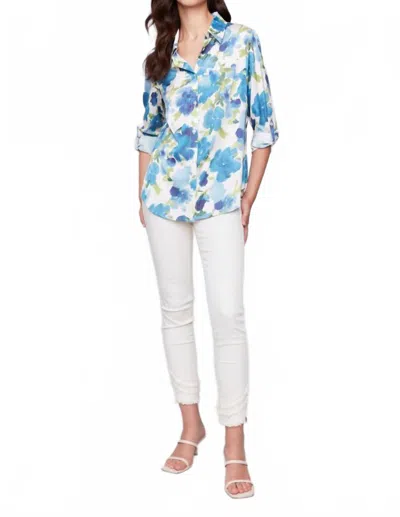 Charlie B Printed Roll Up Sleeve Blouse In Lime In Blue