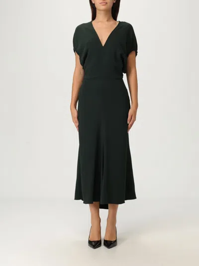 Victoria Beckham Dark Green Midi Dress In Satin In Black