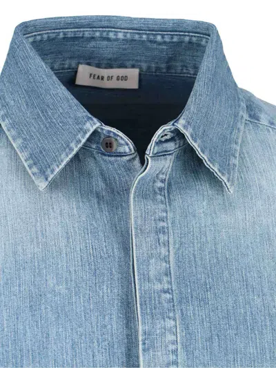Fear Of God Light Blue Shirt With Faded Denim Effect In Animal Print
