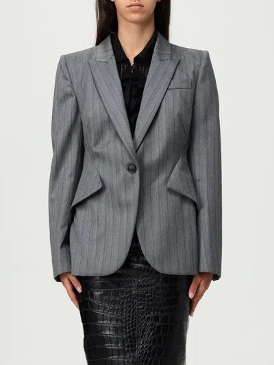 Alexander Mcqueen Herringbone Striped Single-breasted Blazer Jacket In Gray