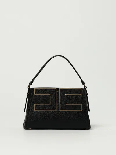 Elisabetta Franchi 'luisa' Black Handbag With Metallic Logo On The Front In Hammered Leather Woman In Black