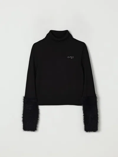 N°21 Dolcevita In Misto Lana Con Pelliccia Sintetica Sulle Maniche In Black