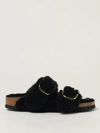Birkenstock Arizona Shearling Slides With Large Buckle In Black