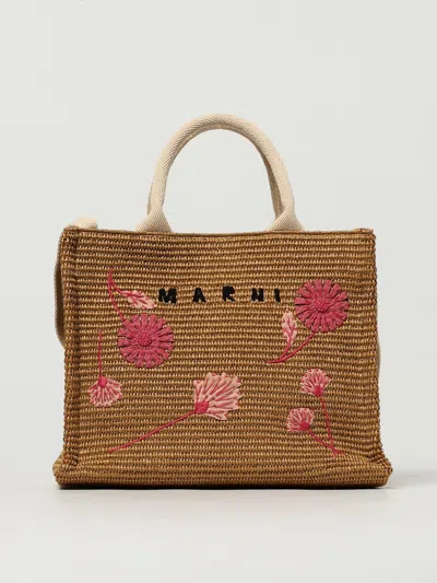 Marni Raffia Small Tote Bag In Brown