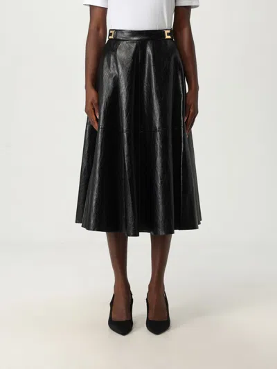 Elisabetta Franchi Crackled Leather-effect Synthetic Maxi Skirt With Flared Hem In Black