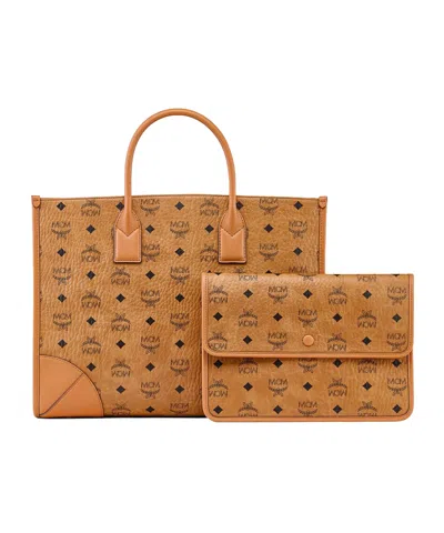 Mcm Munich Large Tote Bag With Shoulder Strap In Brown