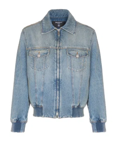 Balmain Blue Cropped Lined Denim Jacket In Blue