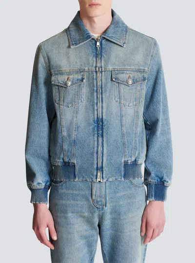 Balmain Blue Cropped Lined Denim Jacket In Blue
