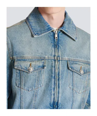 Balmain Blue Cropped Lined Denim Jacket In Blue
