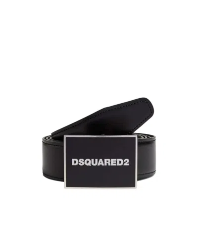 Dsquared2 Black Leather Belt With Logo Buckle In Black