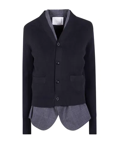 Sacai Glen Check X Knit Cardigan In Blue