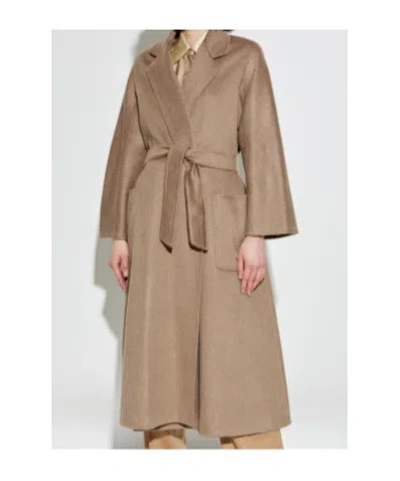 Max Mara Studio Camel Belted Coat In Wool Blend In Brown