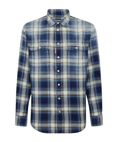 Dsquared2 Checked Pattern Shirt With Pockets And Collar In Blue