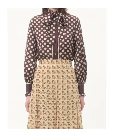 Valentino Twill Shirt With Plus De Pois Print In Brown