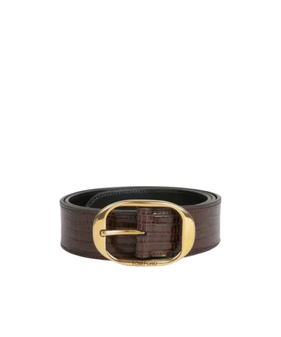 Tom Ford Embossed-leather Oval-buckle Belt In Brown