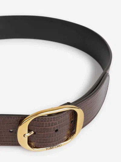Tom Ford Embossed-leather Oval-buckle Belt In Brown