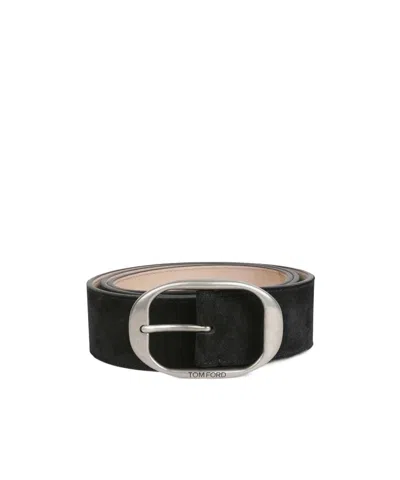 Tom Ford Oval-buckle Suede Belt In Black