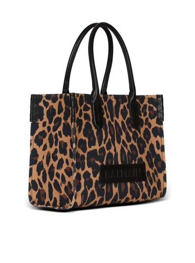 Balmain B-army Shopper Shoulder Bag In Leopard-print Canvas In Multi