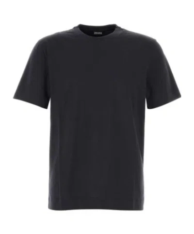 Zegna Navy Blue Piquet Cotton T-shirt In Black