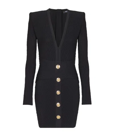 Balmain V-neck Ribbed Long-sleeved Dress In Black