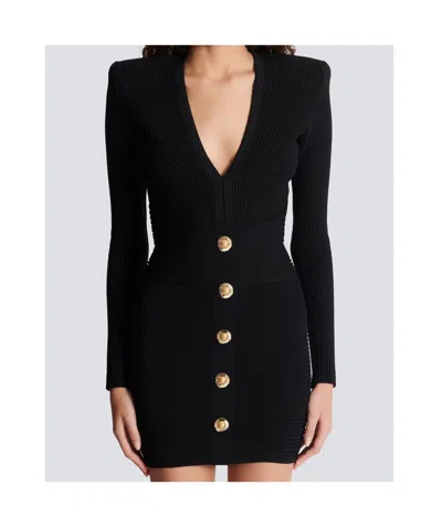 Balmain V-neck Ribbed Long-sleeved Dress In Black