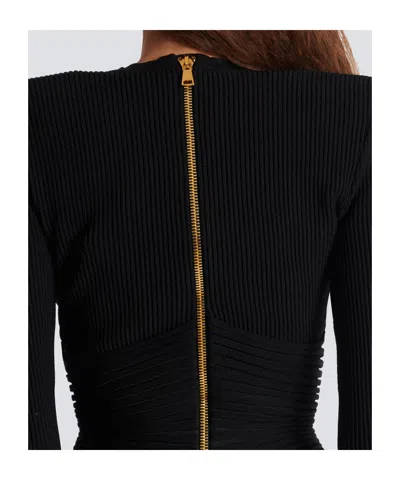Balmain V-neck Ribbed Long-sleeved Dress In Black