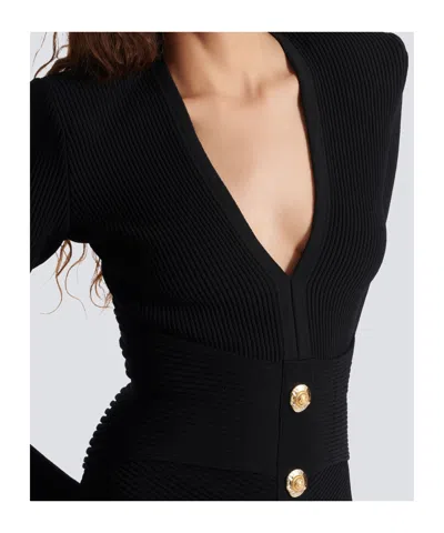 Balmain V-neck Ribbed Long-sleeved Dress In Black