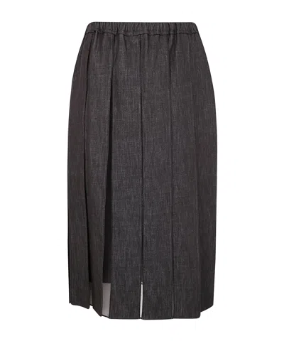 Brunello Cucinelli Pleated Denim Midi Skirt With Elastic Waistband In Gray