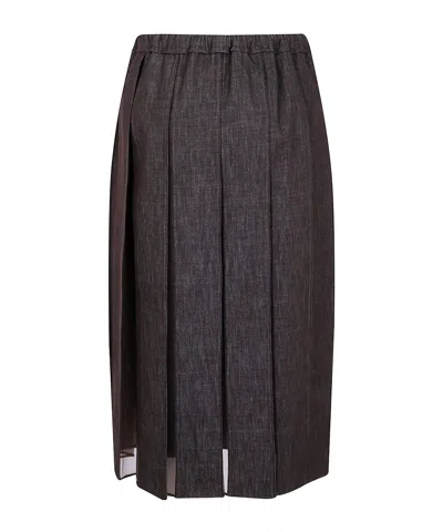 Brunello Cucinelli Pleated Denim Midi Skirt With Elastic Waistband In Gray