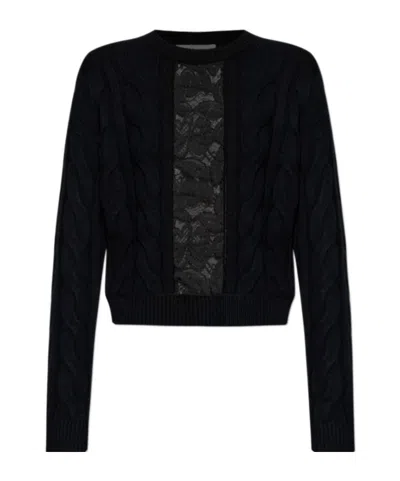 Max Mara Cable-knit Lace-insert Sweater In Black
