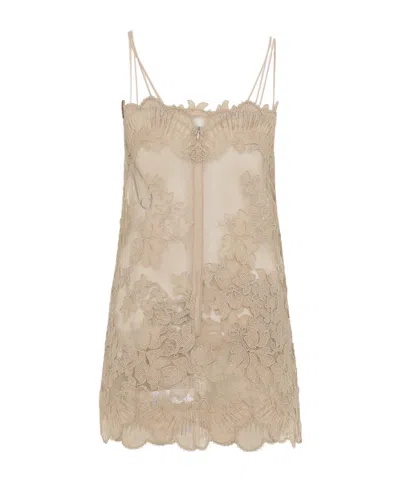Ermanno Scervino Lace Overlay Mini Dress With Spaghetti Straps In Brown