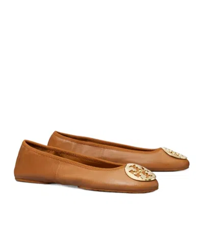 Tory Burch Minnie Leather Logo Travel Ballerina Flats In Brown