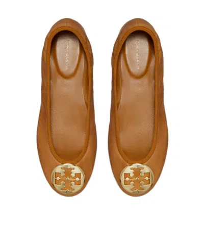 Tory Burch Minnie Leather Logo Travel Ballerina Flats In Brown