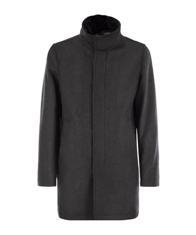 Herno High Neck Grey Wool Coat With Zip And Button Fastening In Black