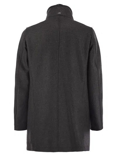 Herno High Neck Grey Wool Coat With Zip And Button Fastening In Black