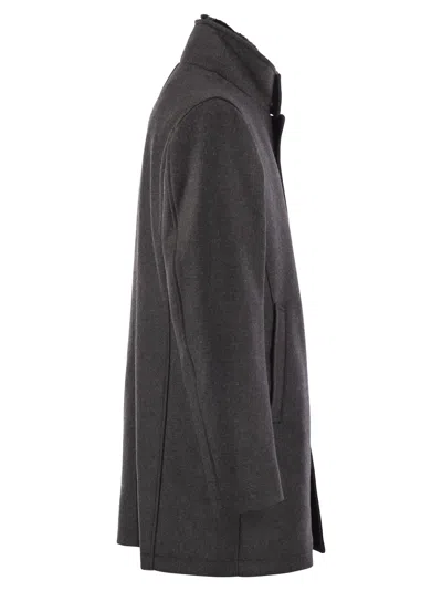 Herno High Neck Grey Wool Coat With Zip And Button Fastening In Black