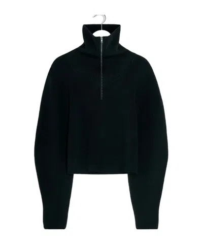 Lemaire High Collar Wool Sweater With Half-zip Closure In Black